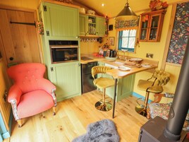 Fridge, electric kettle, toaster, cookware/dishes/utensils