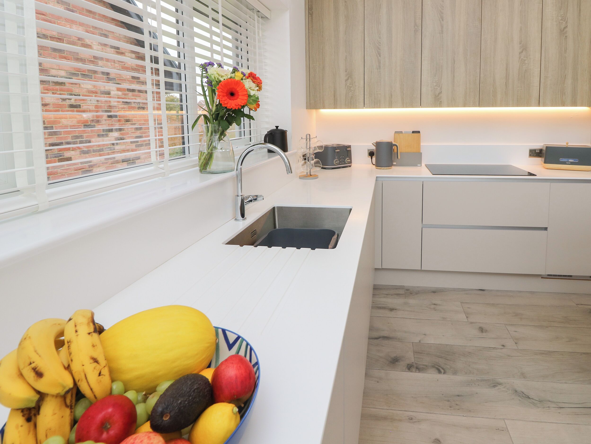 Fridge, dishwasher, electric kettle, toaster