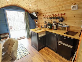 Fridge, electric kettle, toaster, cookware/dishes/utensils