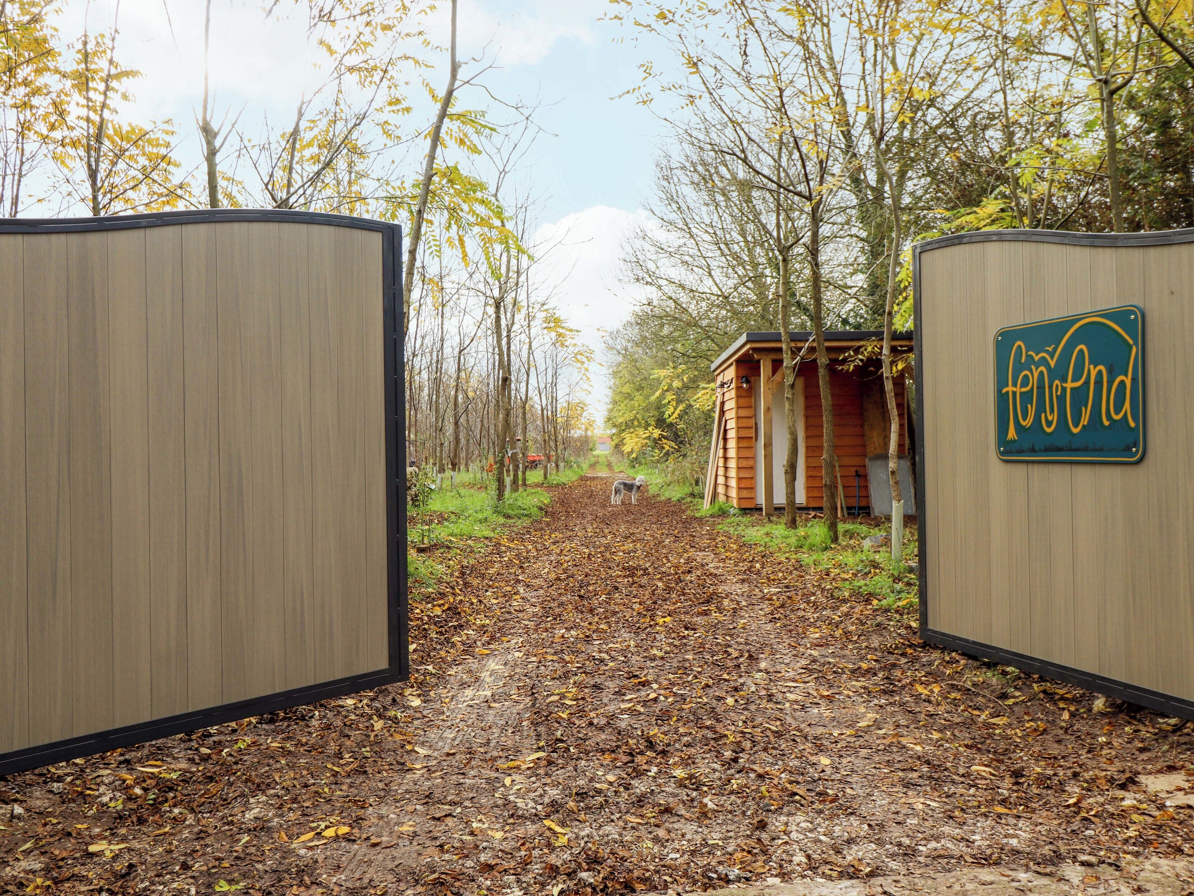 A pathway leading to a wooden cabin labeled "ten end" with a dog nearby.