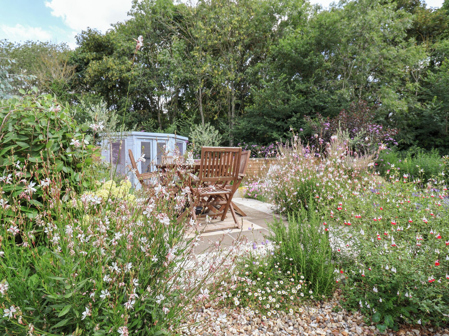 A garden with a wooden bench and a shed.