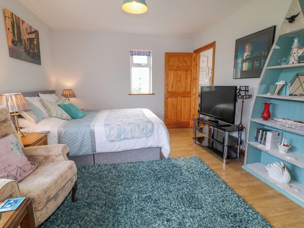 A bedroom with a bed, bedside lamps, a TV, a bookshelf, and a window. - Thomond Hill (Naran)