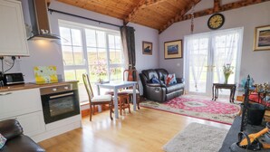 A cozy living room with a fireplace, a dining area, and a kitchen with wooden cabinets and a built-in oven. - Thomond Hill (Naran)