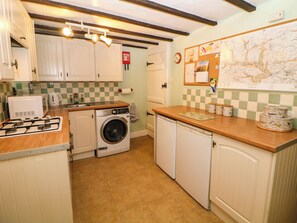 Fridge, electric kettle, toaster, cookware/dishes/utensils