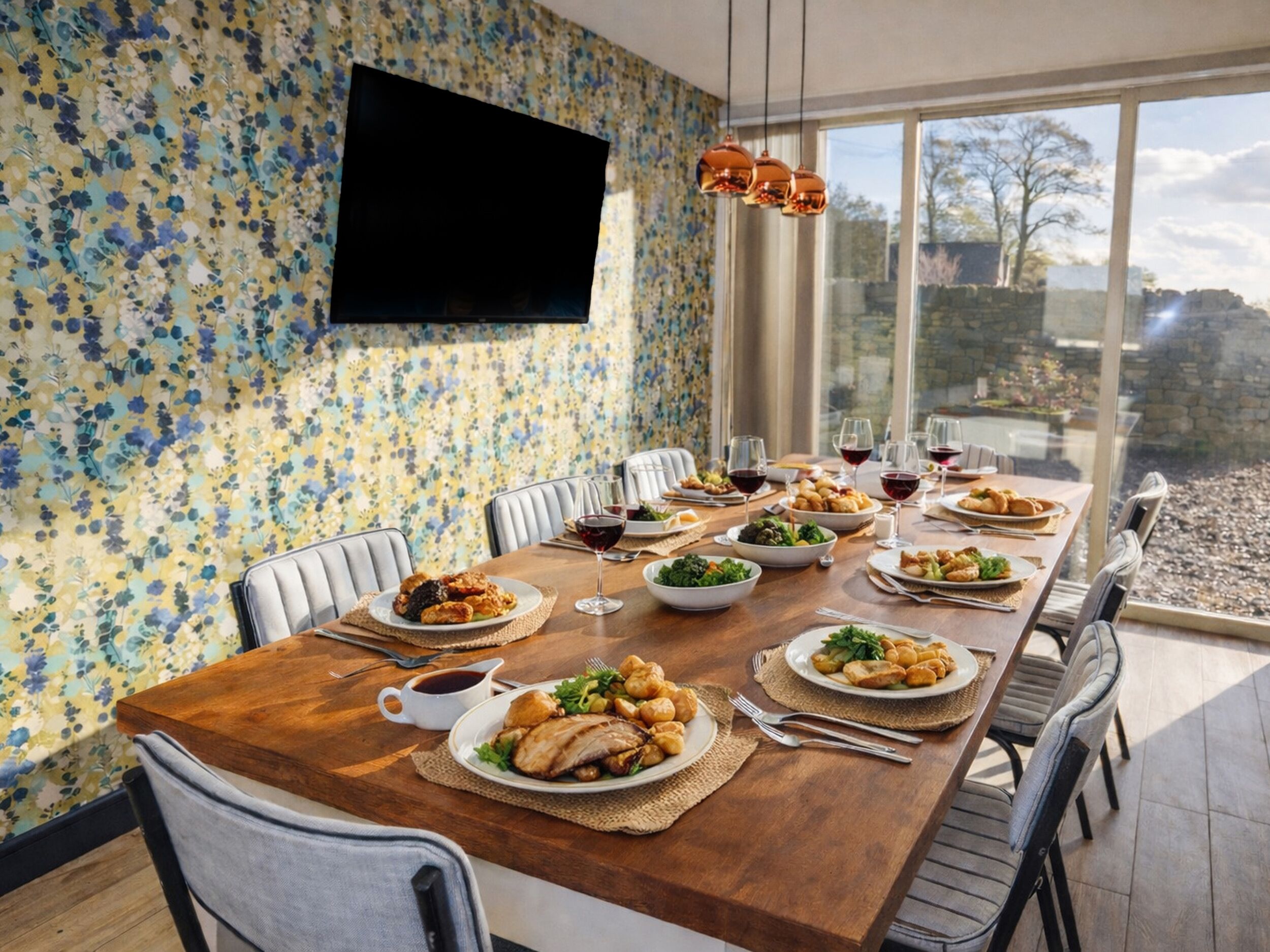 Une salle à manger avec une longue table en bois, dressée pour un repas, entourée de chaises. Un téléviseur à écran plat est fixé au mur, au-dessus de la table.