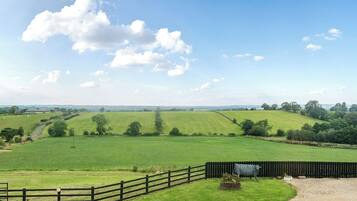 A rural landscape with rolling green fields, a stone wall, and a wooden fence.