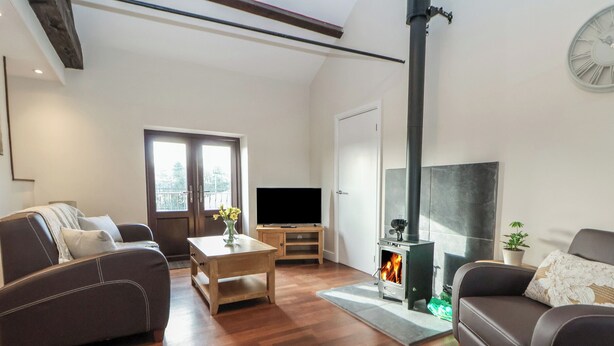 Uma sala de estar moderna com lareira, piso de madeira e televisão de tela plana.