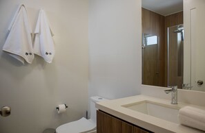 Dusche, Haartrockner, Handtücher, Shampoo
