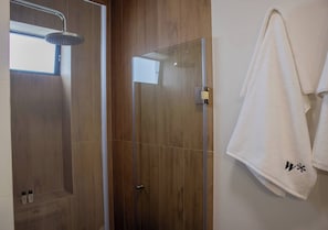 Dusche, Haartrockner, Handtücher, Shampoo