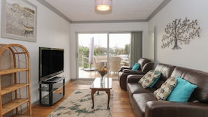A living room with a brown leather sofa, a television, a wicker chair, and a glass door leading to an outdoor area. - White Gables (Norwich)