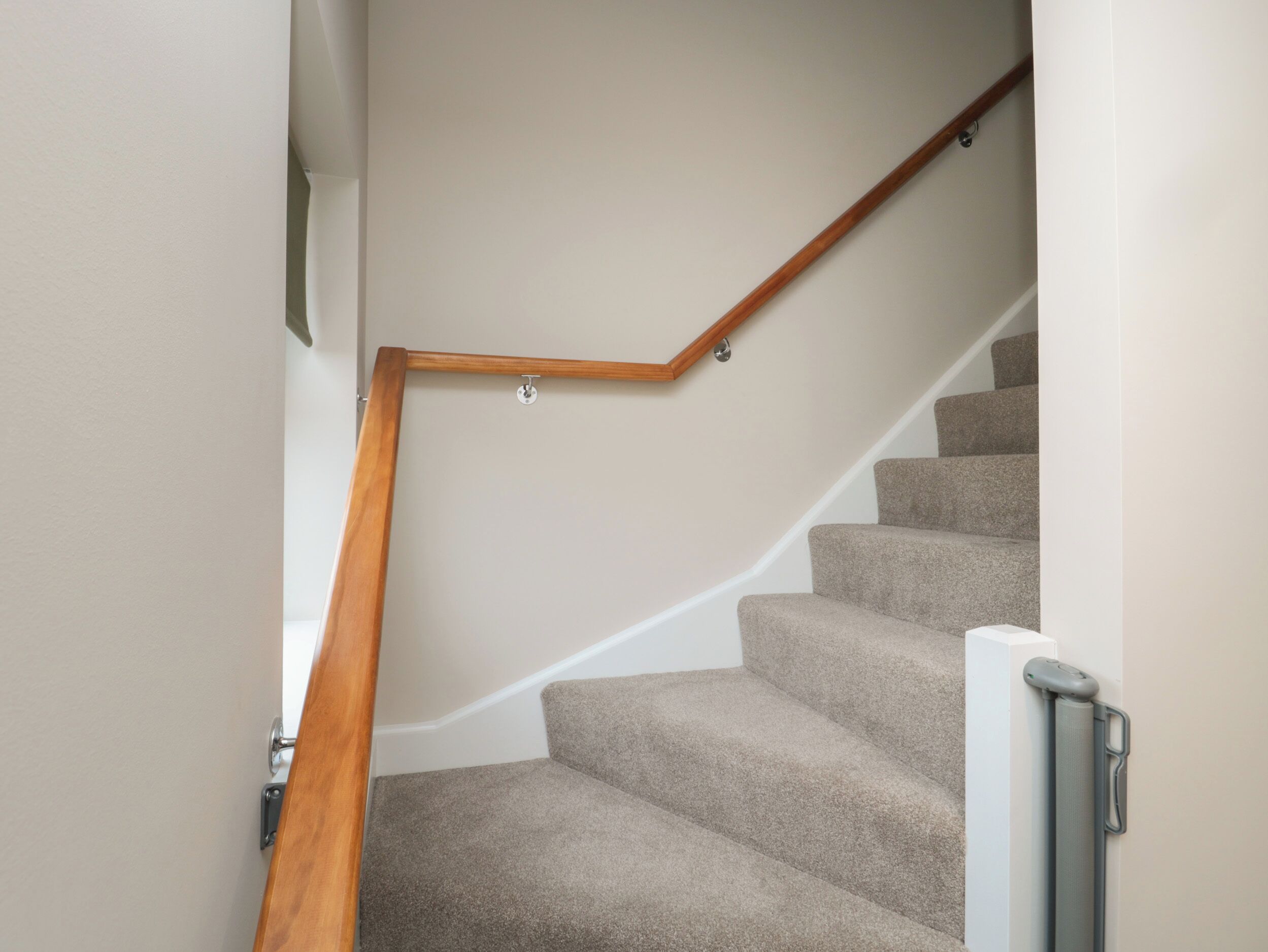 Eine Teppichstufen Treppe mit einem hölzernen Geländer und einer weißen Wand.