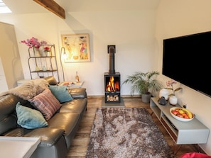 Una chimenea, un reproductor de DVD