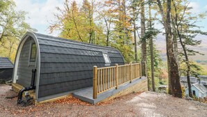 Une petite cabane en bois aux lignes courbes, dotée d’une terrasse en bois, entourée d’arbres et offrant une vue sur le paysage.