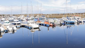 Un port de plaisance où sont amarrés différents types de bateaux, avec une eau calme et une côte rocheuse en arrière-plan.