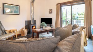 Una sala de estar acogedora con chimenea, un sofá, un televisor y una ventana con cortinas.