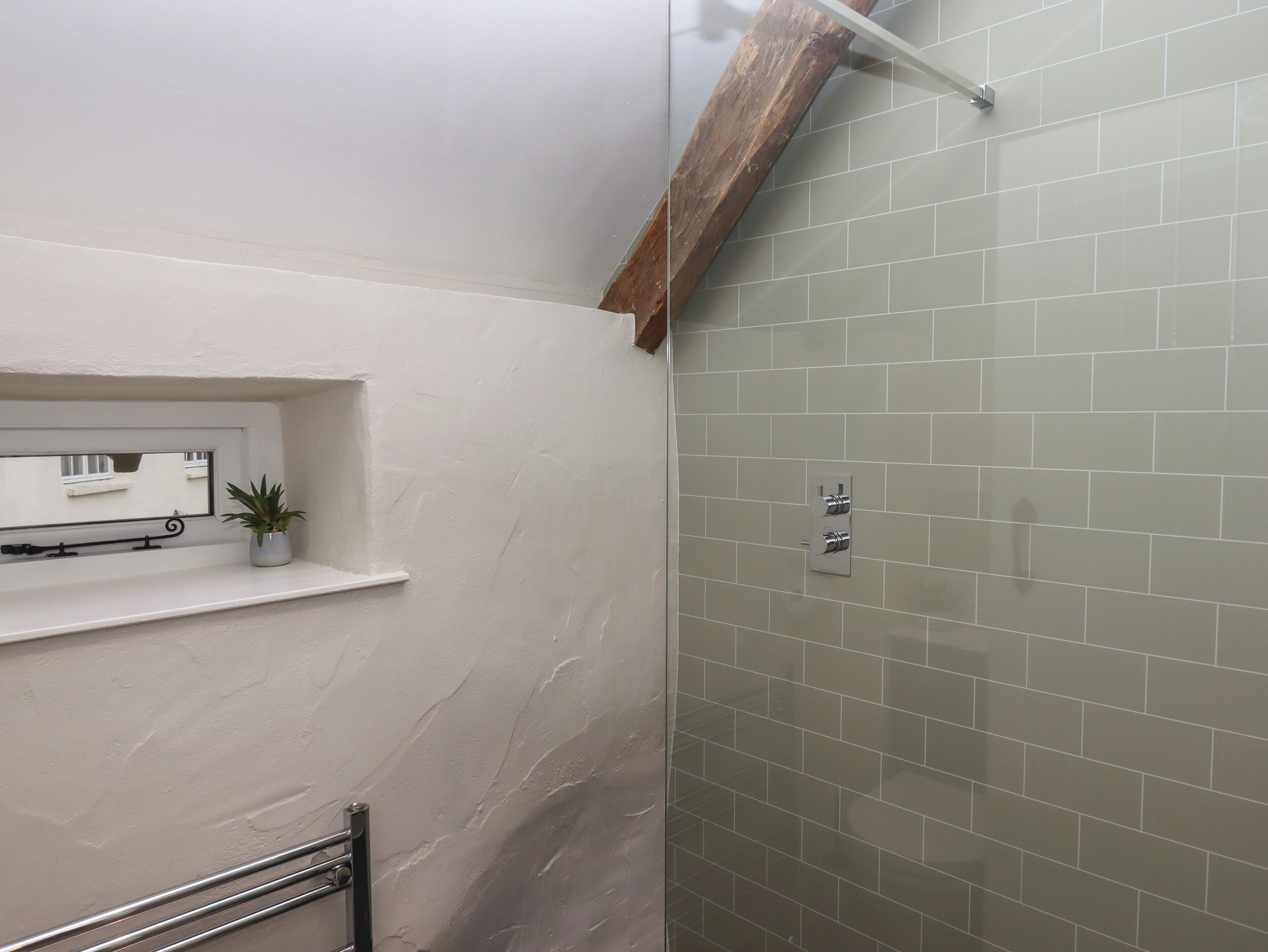 Un baño con ducha, un estante pequeño con una planta y una ventana con vistas a un edificio.