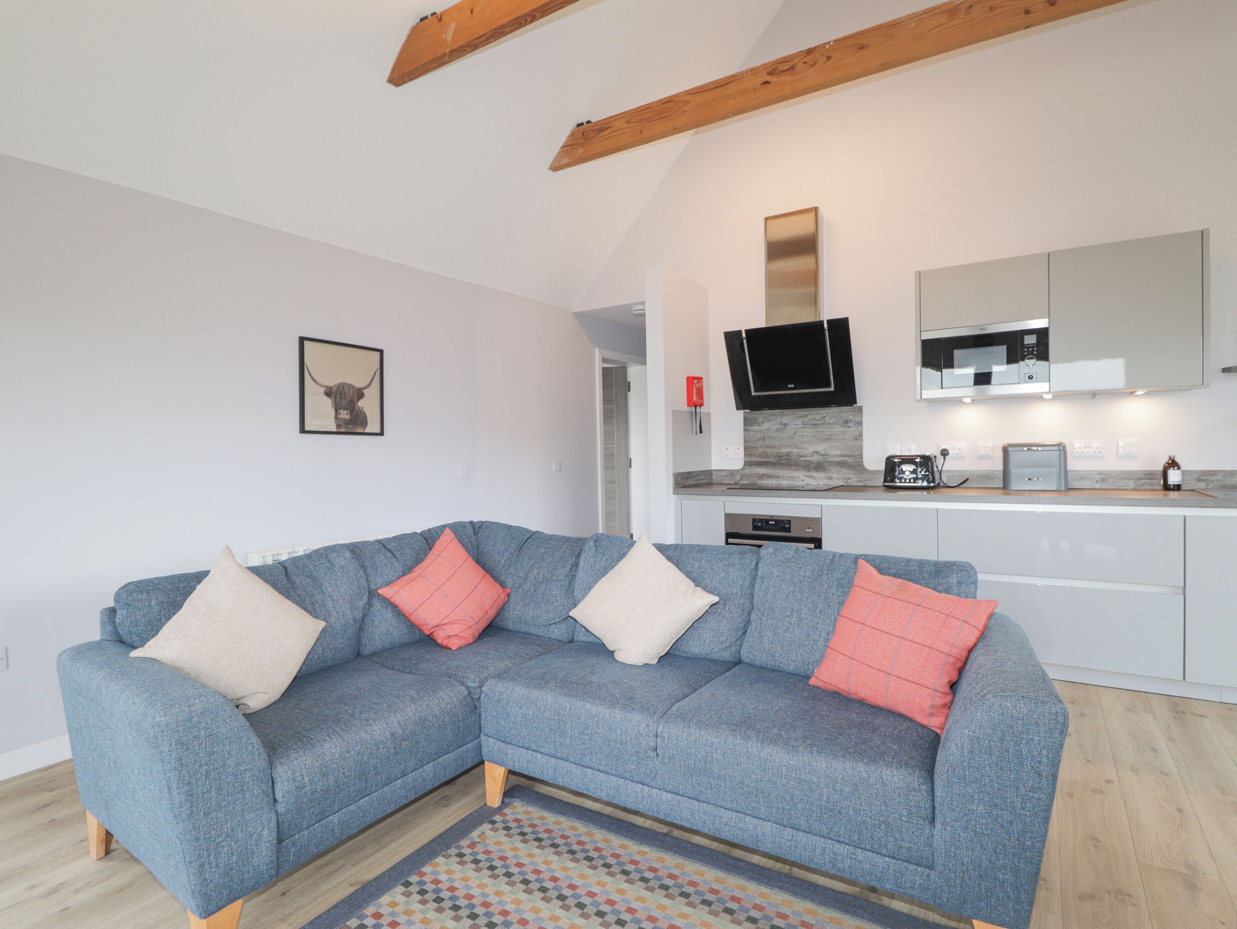 A modern living room with a grey sectional sofa, a patterned rug, and a kitchen in the background.