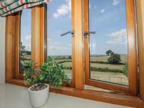 Una ventana con marco de madera que ofrece vistas a un paisaje rural, una planta en maceta en el alféizar y una cortina a rayas.