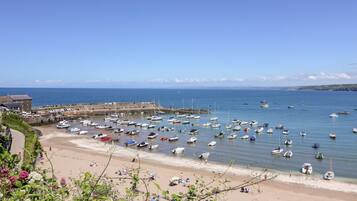 A coastal beach with numerous boats docked in the water and a sandy shore with people relaxing.