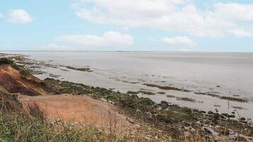 Un paisaje costero con una playa arenosa, un litoral rocoso y vegetación escasa.