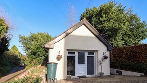 A small, single-story house with a white exterior, a tiled roof, and a front door. There is a green trash bin and a potted plant near the entrance. - Studio Apartment (Minehead)