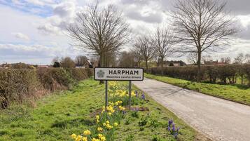 Une route de campagne avec un panneau indiquant : « Harpam souhaite la bienvenue aux conducteurs prudents », et des jonquilles au premier plan.