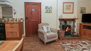 A cozy living room with a fireplace, a striped armchair, a wooden door, and a kitchen area with a stove and cabinets.