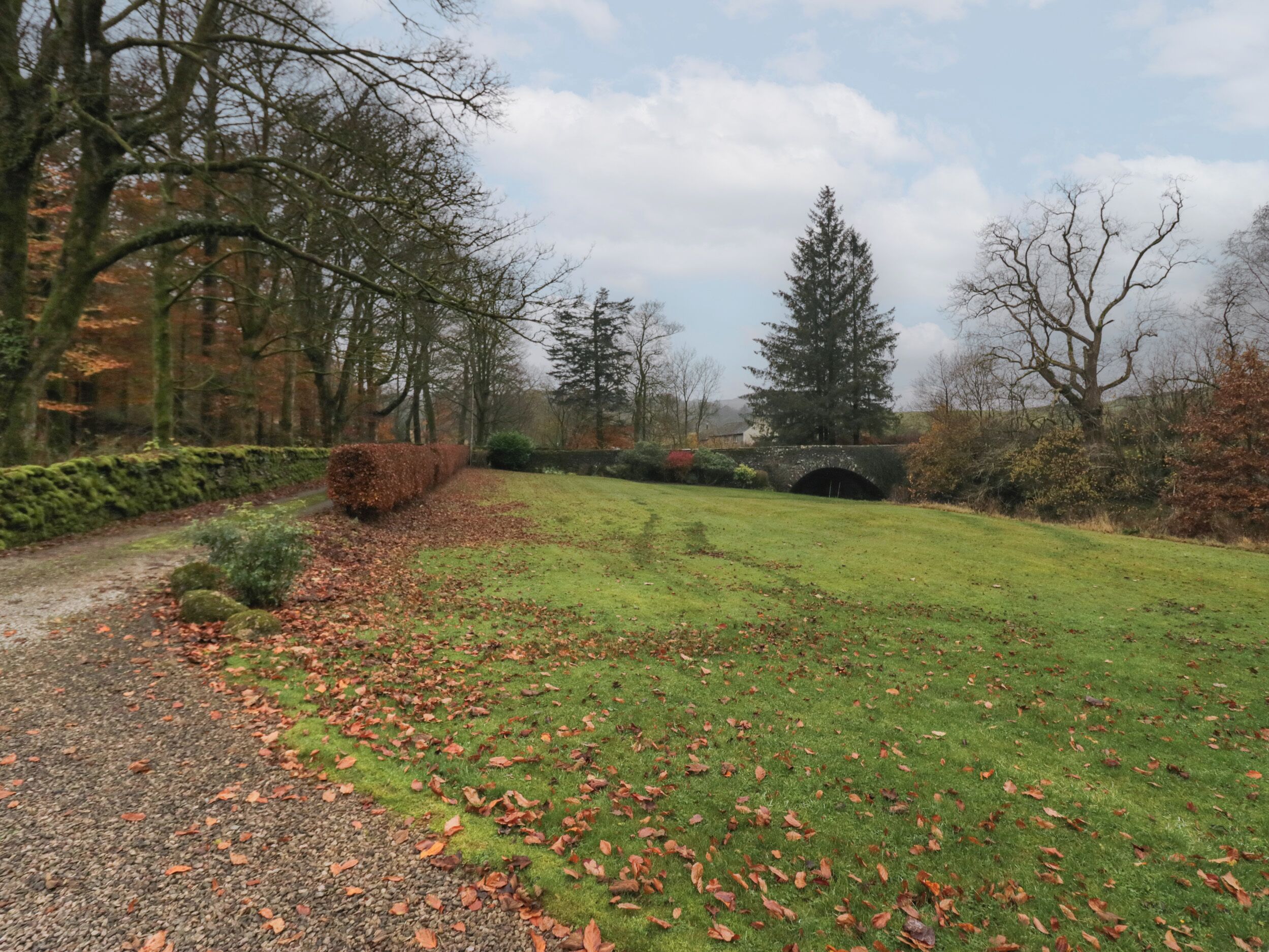 A pathway leading through a park with a stone bridge, surrounded by trees and a grassy area with scattered leaves.
