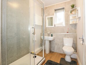 A bathroom with a glass shower enclosure, a sink, a toilet, and a mirror. - Brimrod (Holywell)