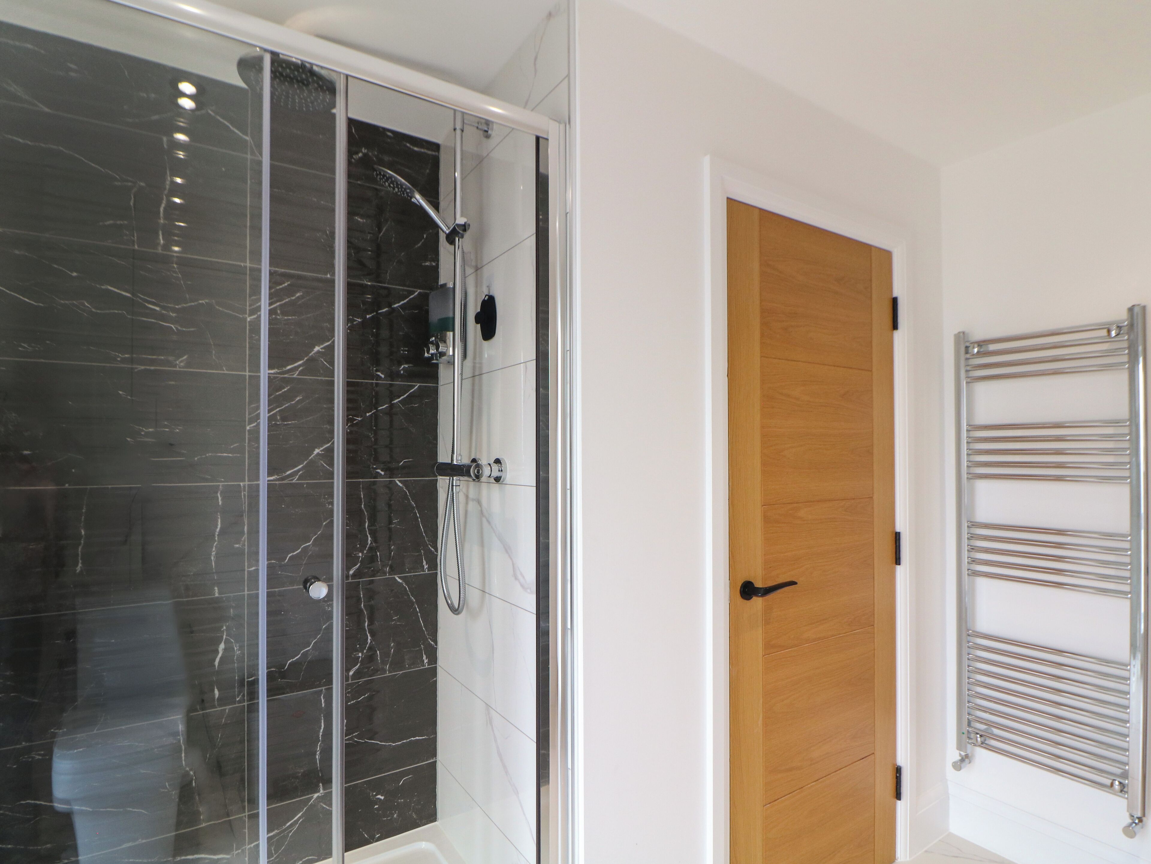 A bathroom with a glass-enclosed shower, a wooden door, and a metal towel rack.