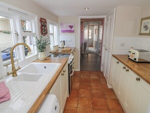 Fridge, electric kettle, toaster, cookware/dishes/utensils
