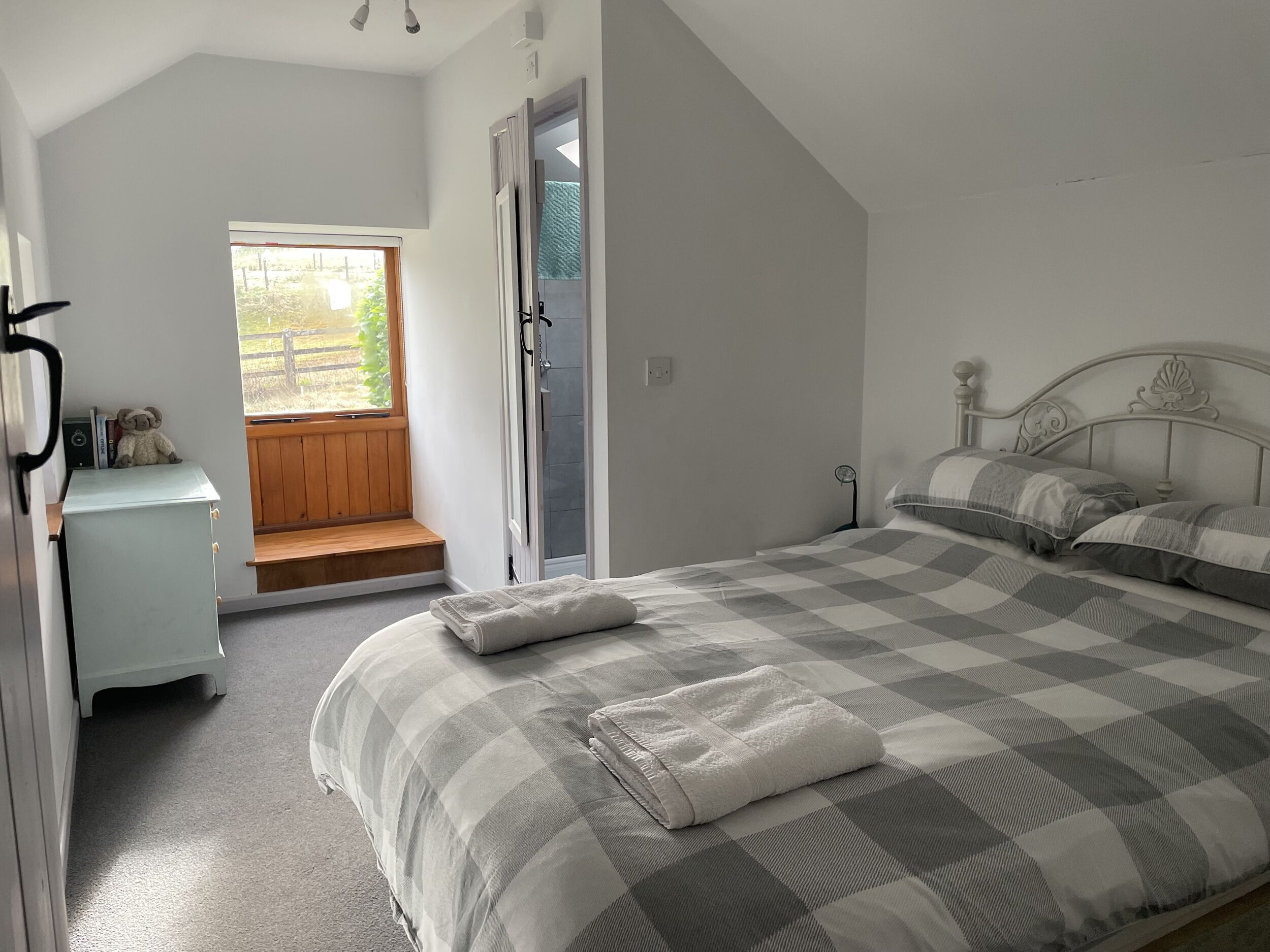 A bedroom with a checkered bedspread, a white bedside table with a lamp, and a window with a view of greenery.
