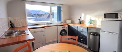 Fridge, dishwasher, cookware/dishes/utensils