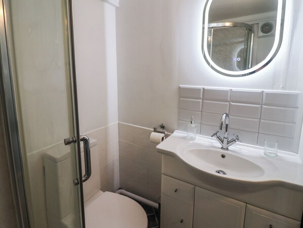 A modern bathroom with a glass shower enclosure, a white sink with a mirror, and a toilet.