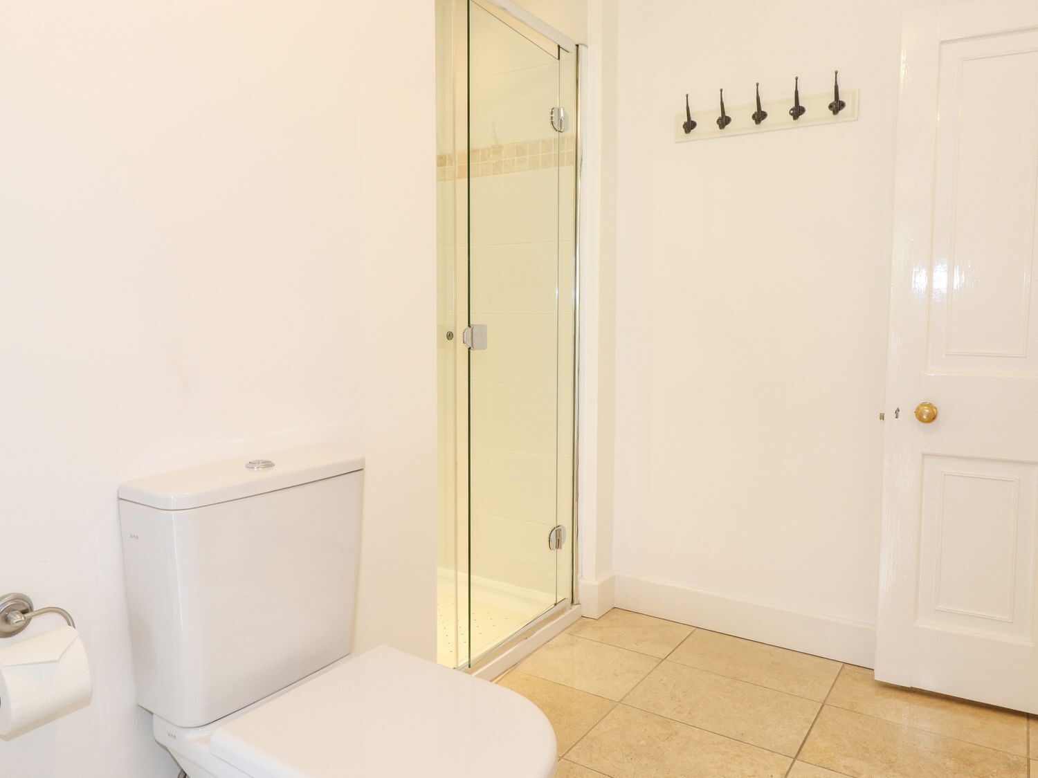 A bathroom with a toilet, a glass shower enclosure, and a white door.