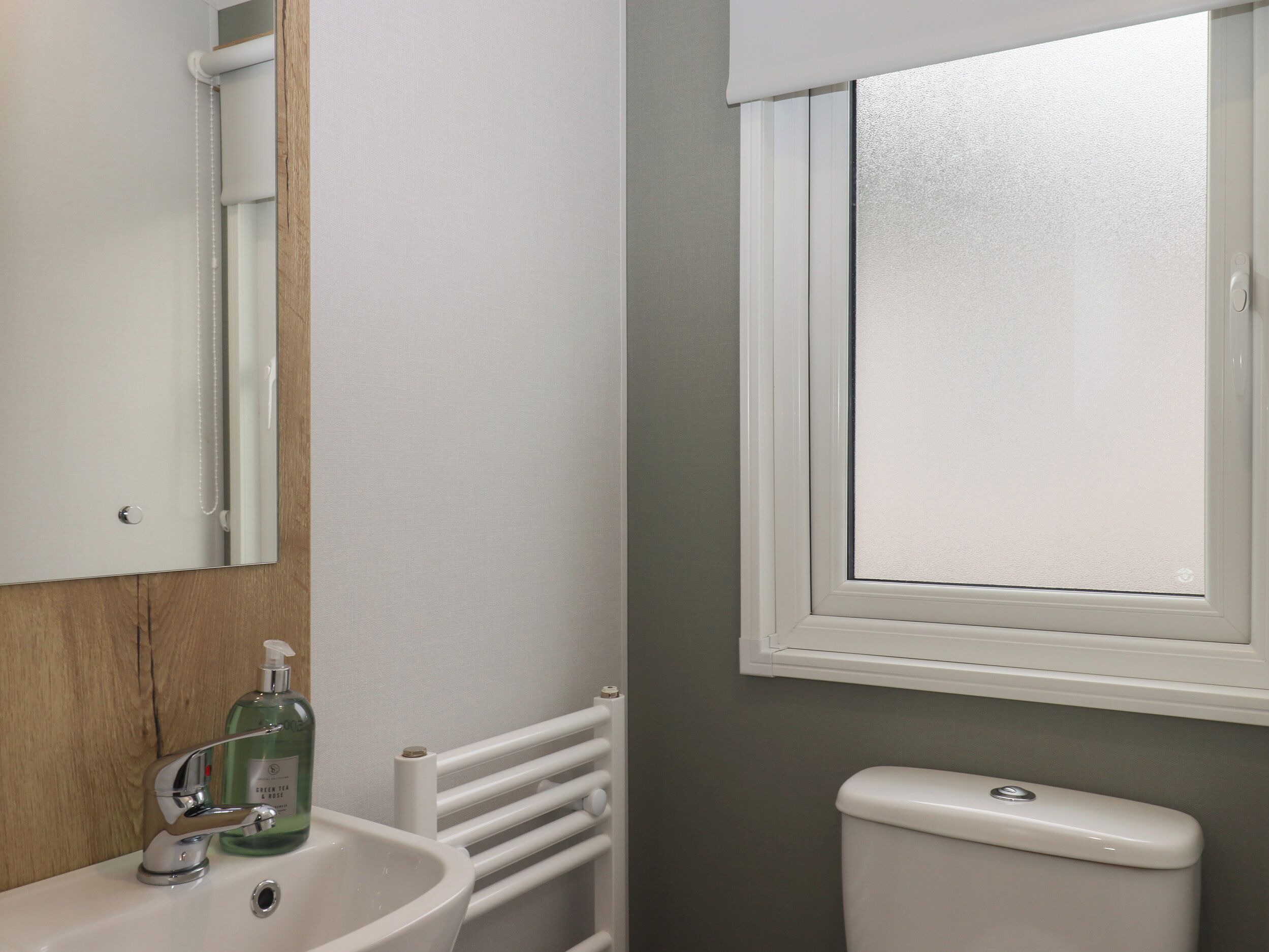 A bathroom with a white sink, a mirror, a green bottle, a white radiator, and a toilet.