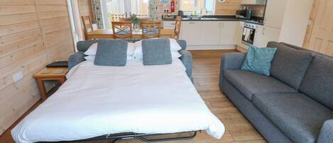 A room with a bed, a sofa, a dining table, and a kitchen area.