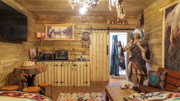A rustic room with wooden walls, a large painting, a dreamcatcher, and a statue of a Native American figure. - Apache Falls Lodge (Limavady)
