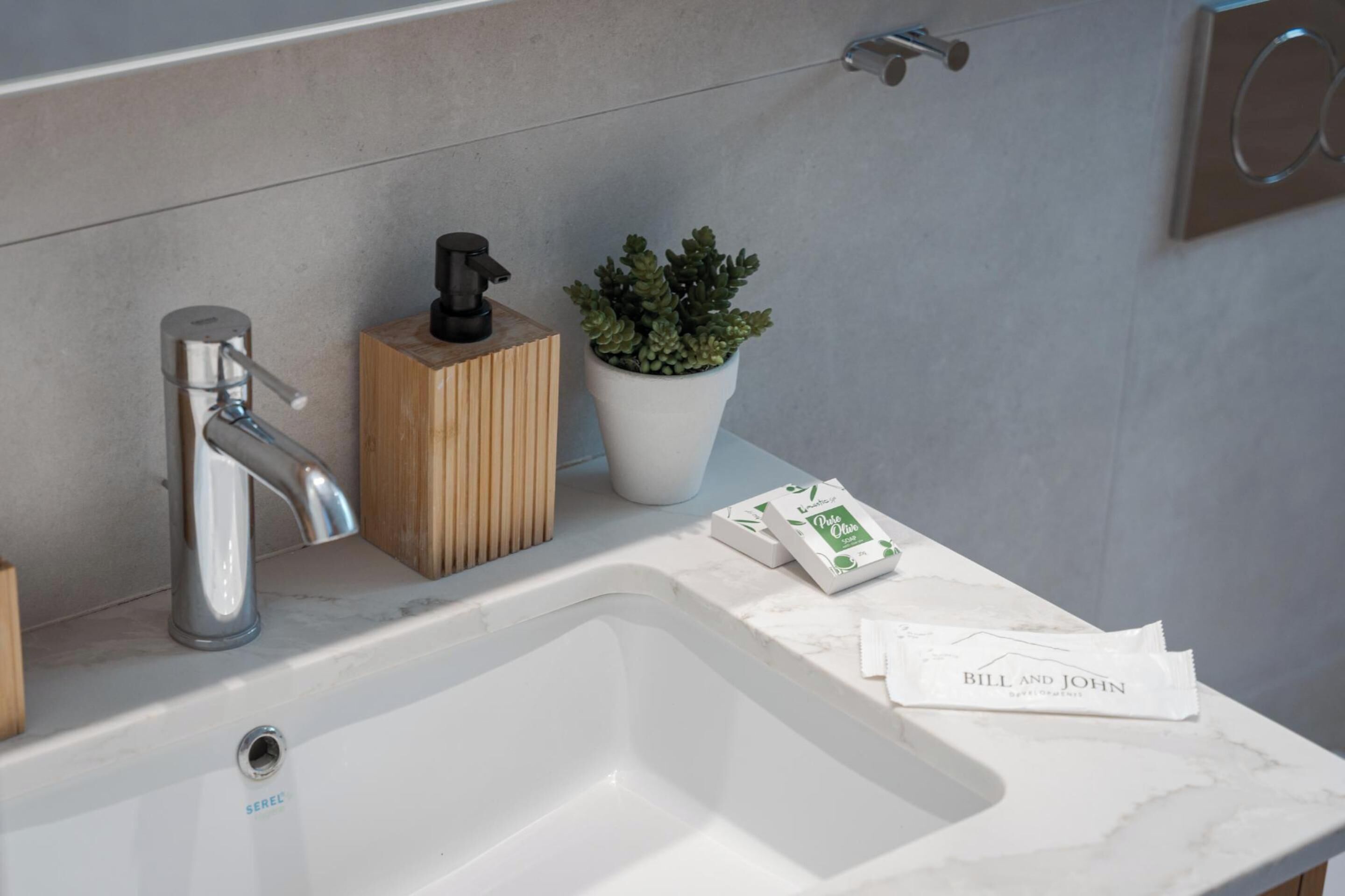 A modern bathroom with a white sink, a wooden soap dispenser, a potted plant, and toiletries.