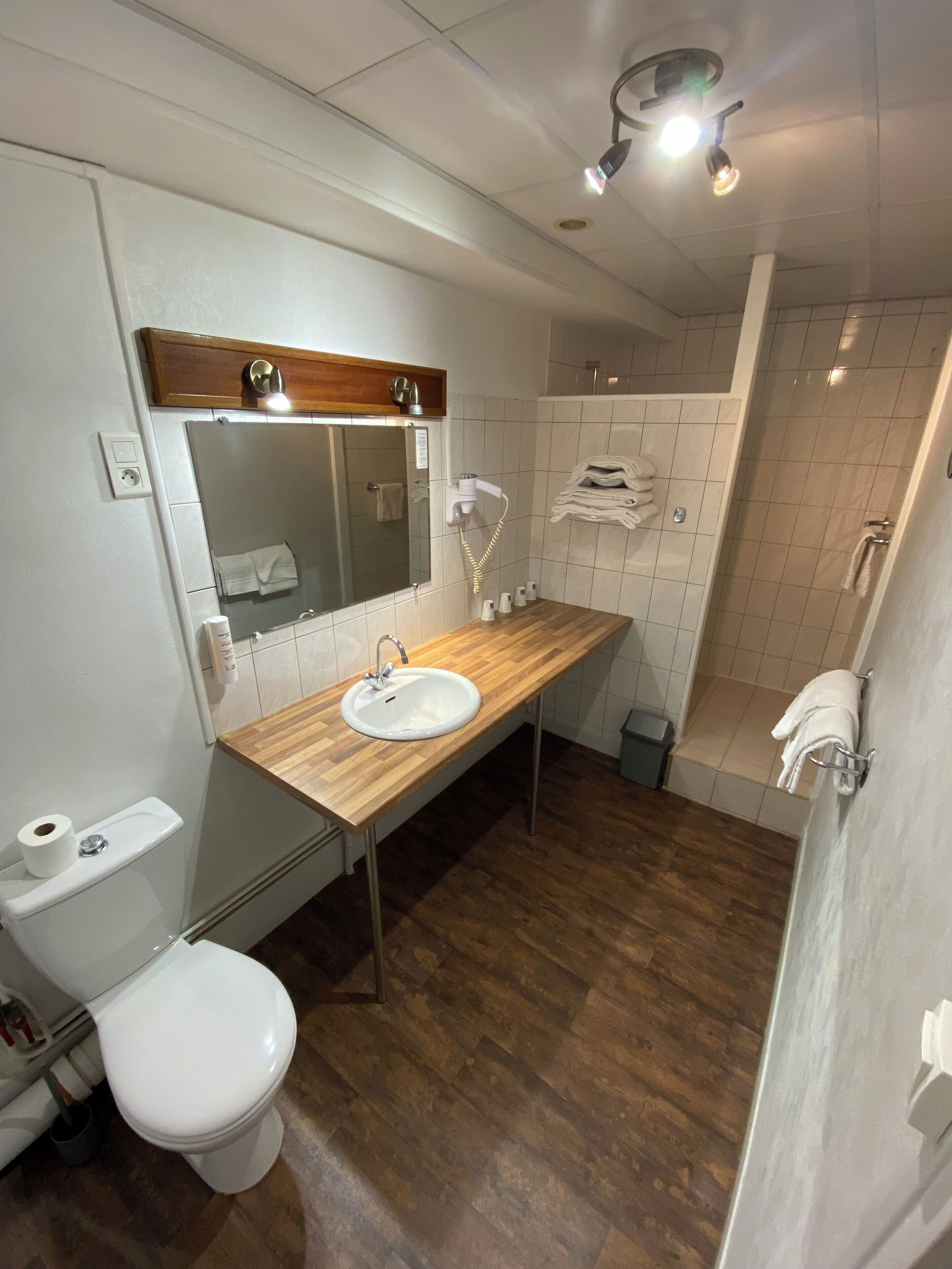 Un bagno con un mobiletto in legno, un lavandino bianco, uno specchio, un water e una zona doccia.