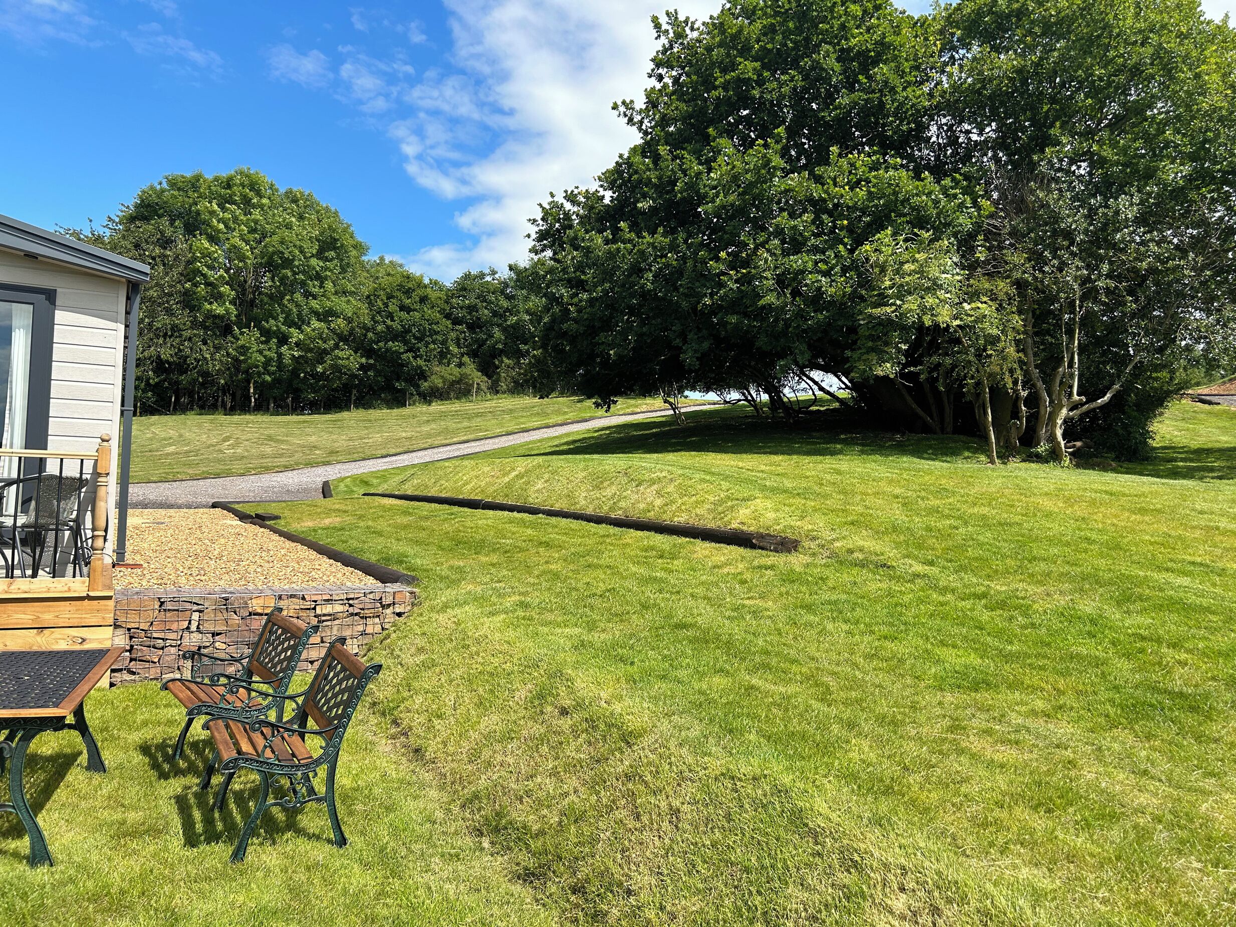 A well-maintained lawn with a stone patio and wooden furniture, a pathway leading to a house, and a large tree providing shade.