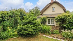 A quaint house with a thatched roof, surrounded by lush greenery and a stone pathway. - Rose Cottage (Okehampton)