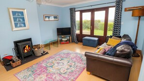Ein Wohnzimmer mit Kamin, Sofa, Fernseher und großen Fenstern.