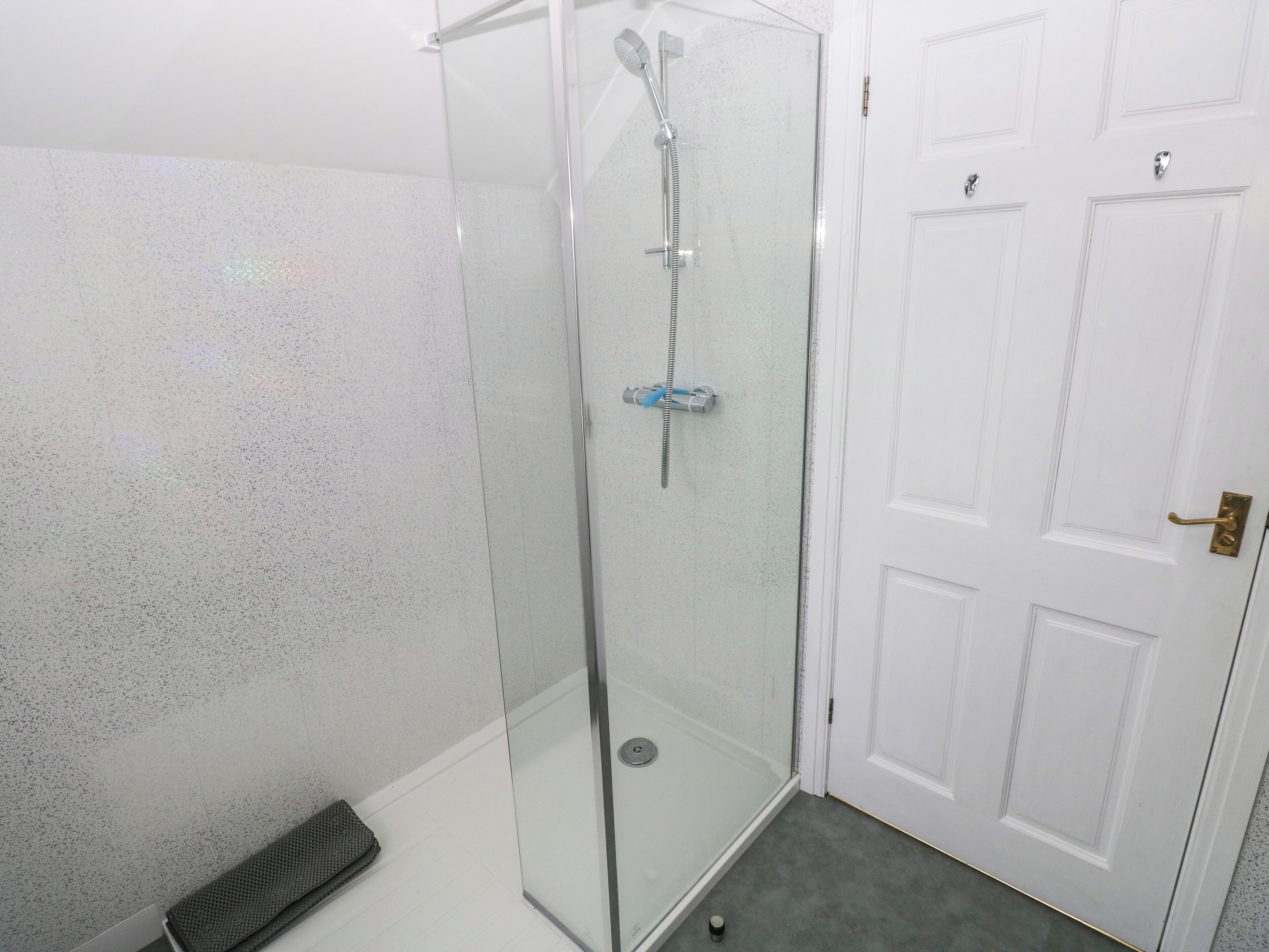 A glass-enclosed shower with a handheld showerhead, a towel rack, and a door with a brass handle.