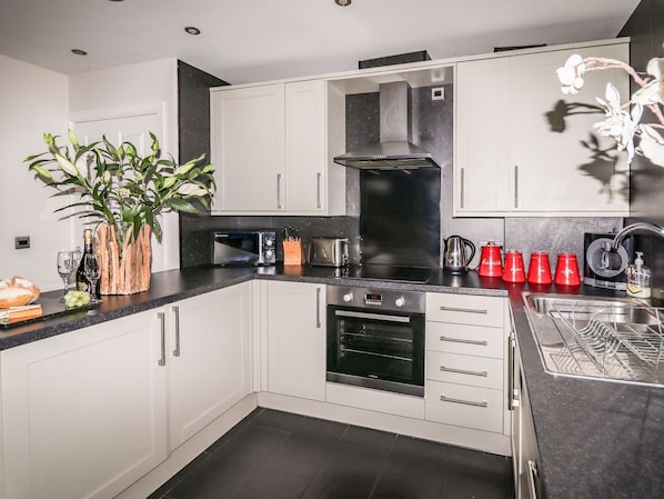 Fridge, dishwasher, cookware/dishes/utensils