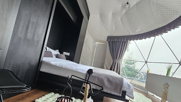 A modern bedroom with a large bed, a cat climbing a chair, and a view of the outdoors through a large window. - SKY DOME (Berinta)