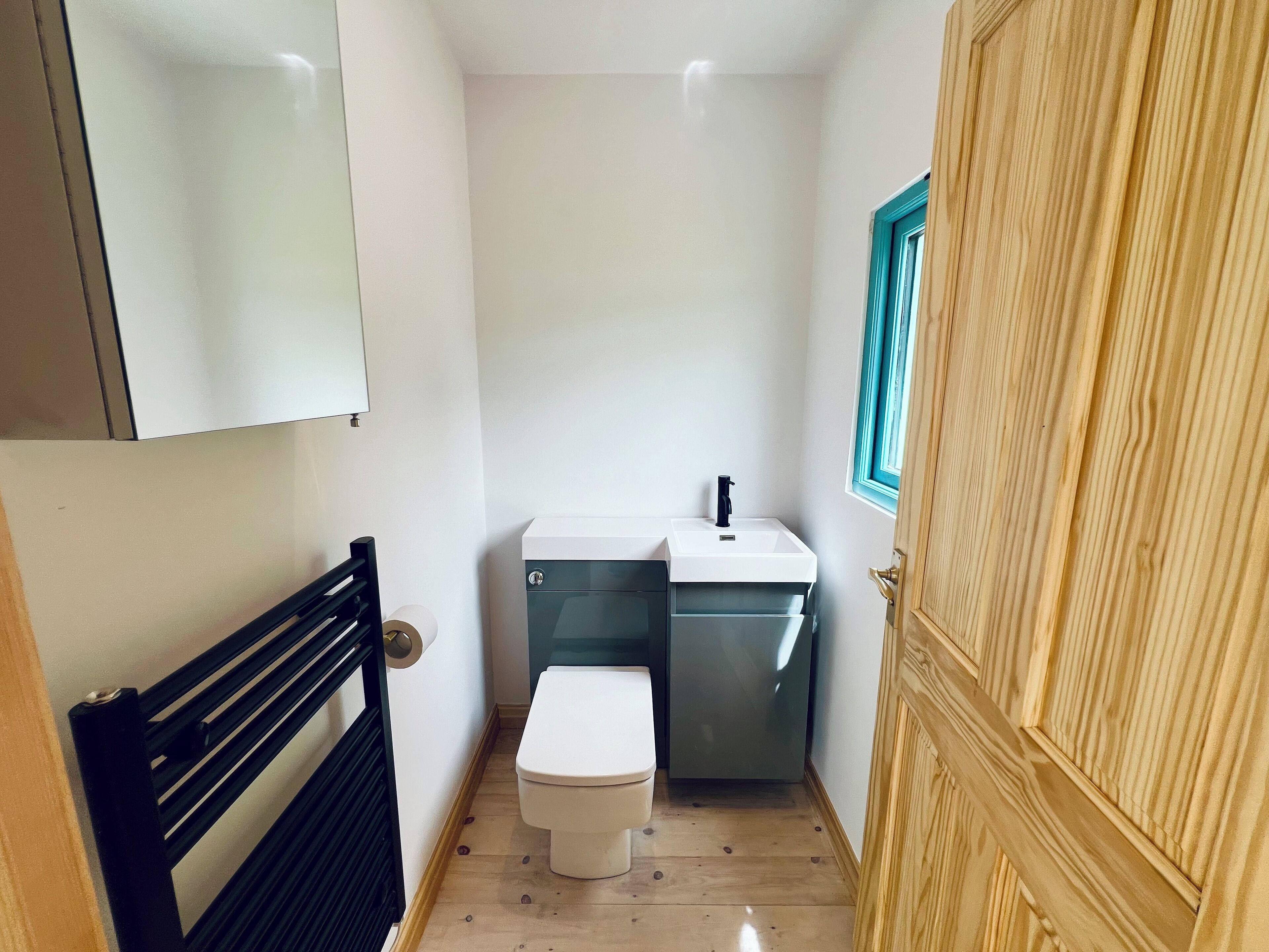 Een kleine badkamer met toilet, wastafel en spiegel.