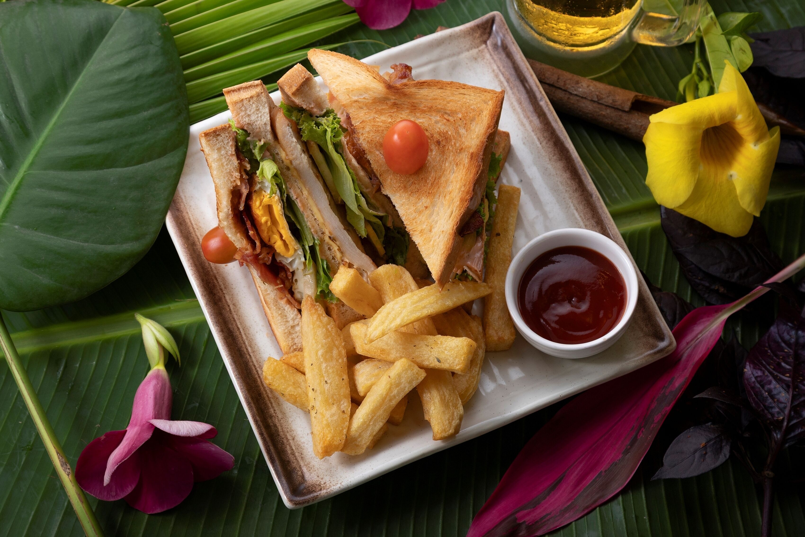 A plate with a sandwich, fries, and a small bowl of ketchup.
