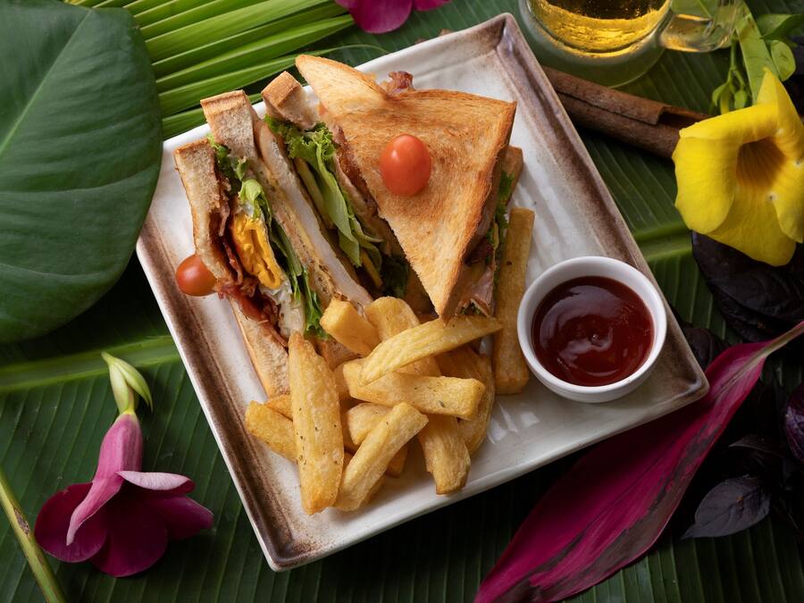 A plate with a sandwich, fries, and a small bowl of ketchup.