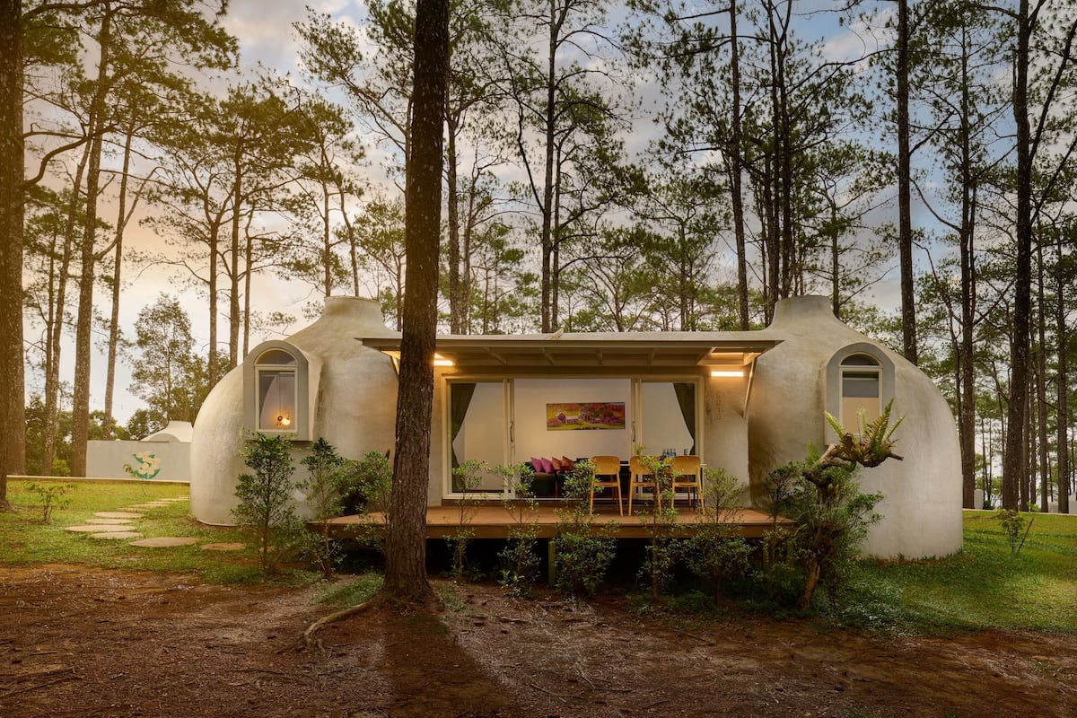 Edificio de forma abovedada con una terraza de madera, rodeado de árboles.